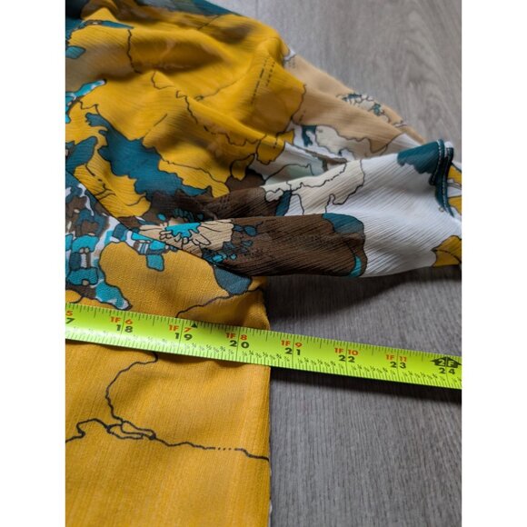 Cynthia Rowley Floral Print Blouse Yellow Teal Brown Short Sleeve Lightweight Wo - Picture 8 of 8